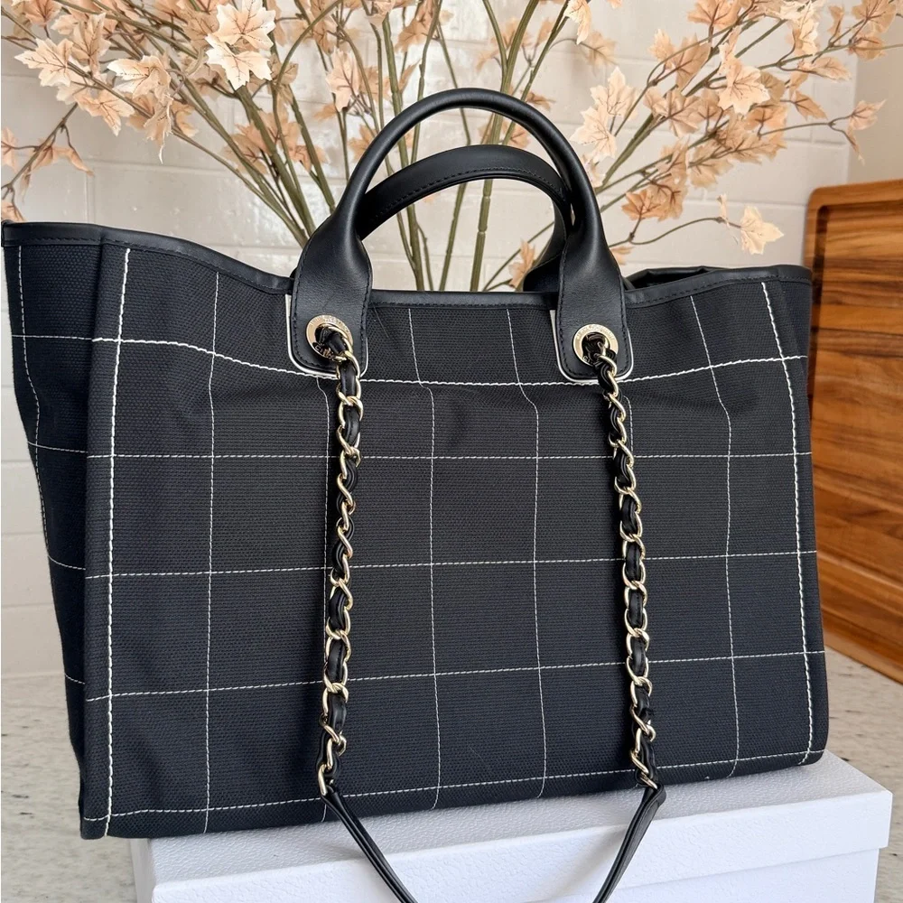 CHANEL Black Grid Canvas Tote with Chain-and-Leather Straps and Matching Pouch - Picture 14 of 14
